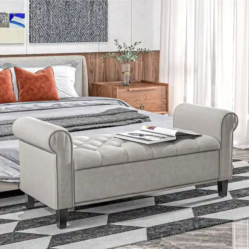 50 Storage Ottoman Bench, Upholstered End of Bed Bench with Rolled Arms, Wood Legs, Button Tufted Storage Bench Gray
