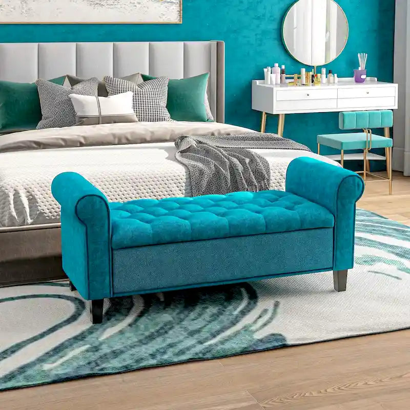 50 Storage Ottoman Bench, Upholstered End of Bed Bench with Rolled Arms, Wood Legs, Button Tufted Storage Bench Gray