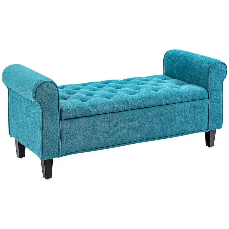 50 Storage Ottoman Bench, Upholstered End of Bed Bench with Rolled Arms, Wood Legs, Button Tufted Storage Bench Gray