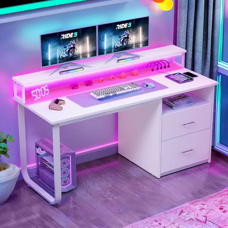 Bureau d'ordinateur Moasis avec support d'écran, bureaux de jeu pour bureau à domicile avec tiroir classeur