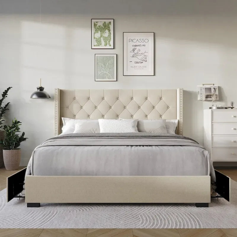 Full Tufted Upholstered Storage Platform Bed