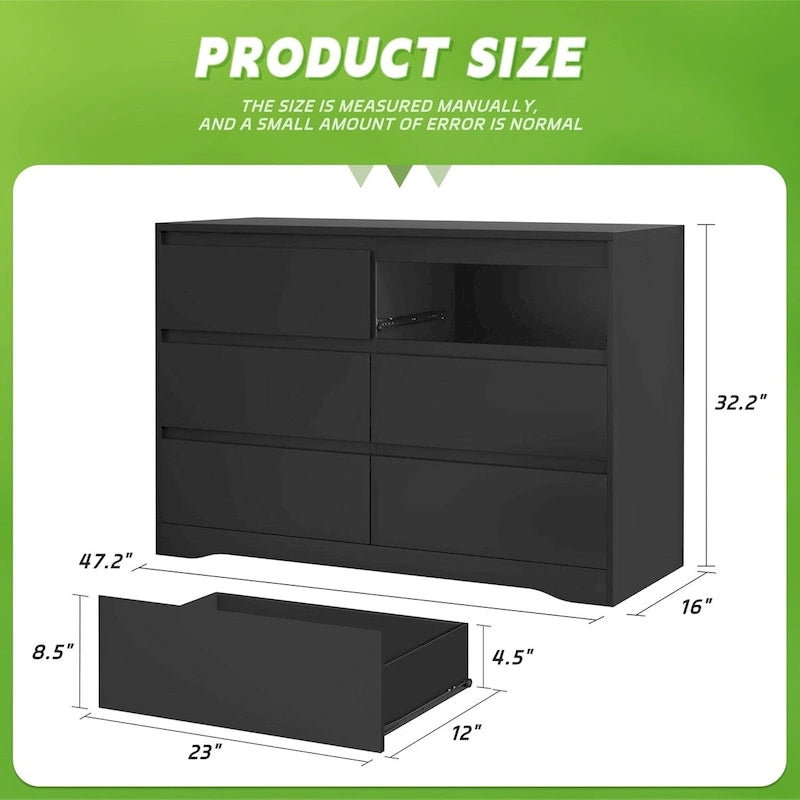 47.2 W 6-Drawer Wooden Bedroom Double Dresser Chest of Drawers