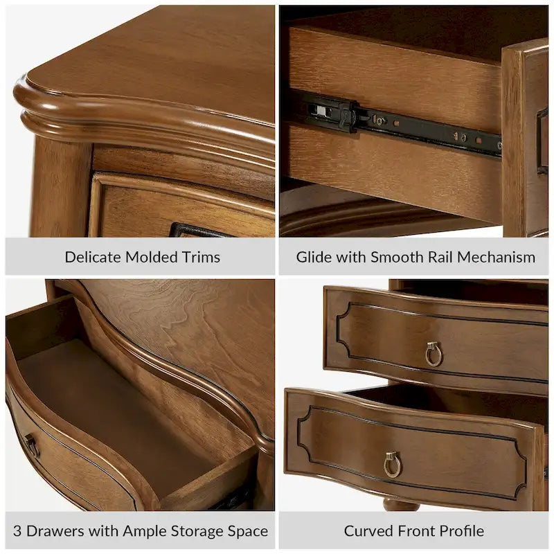 Table de chevet à trois tiroirs de style traditionnel (pieds en fuseau de bois massif)