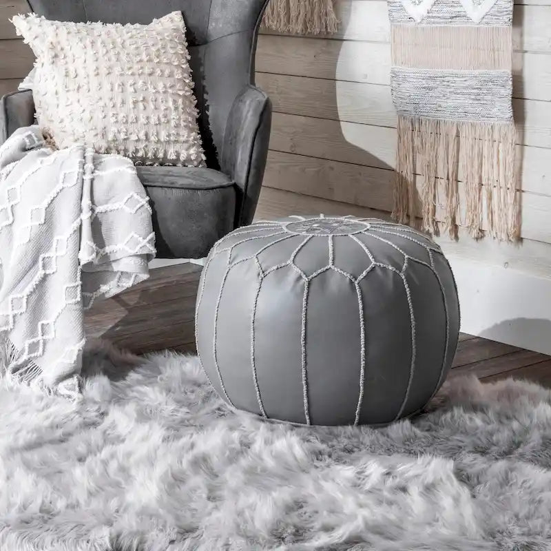 Pouf ottoman rembourré en cuir marocain fait main