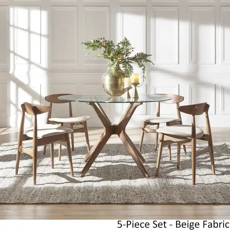 Deep Walnut-Finish Round Dining Table Set — with Curved-Back Dining Chairs