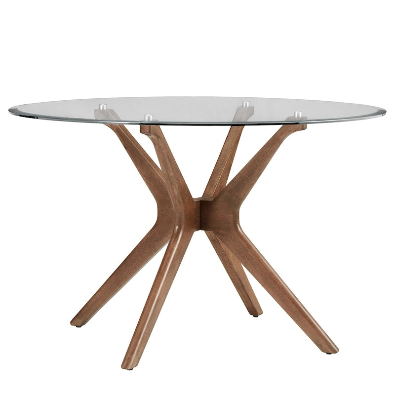 Deep Walnut-Finish Round Dining Table Set — with Curved-Back Dining Chairs