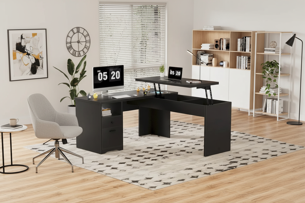 Bureau d'angle en L moderne style ferme avec plateau relevable, tiroirs pour dossiers et station de charge pour le bureau à domicile