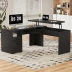 Modern Farmhouse Lift Top L-Shaped Desk with Charge Station, Corner Desk with File Drawers for Home Office