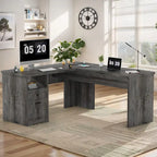 Bureau d'angle en L moderne style ferme avec plateau relevable, tiroirs pour dossiers et station de charge pour le bureau à domicile
