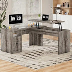 Bureau d'angle en L moderne style ferme avec plateau relevable, tiroirs pour dossiers et station de charge pour le bureau à domicile