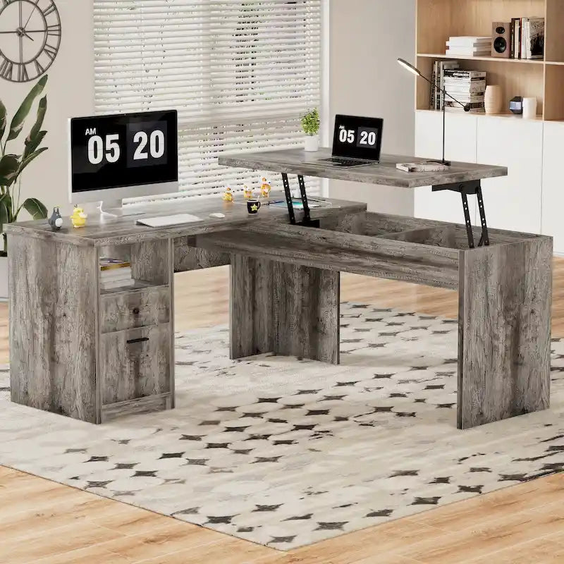 Bureau d'angle en L moderne style ferme avec plateau relevable, tiroirs pour dossiers et station de charge pour le bureau à domicile