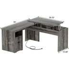 Bureau d'angle en L moderne style ferme avec plateau relevable, tiroirs pour dossiers et station de charge pour le bureau à domicile