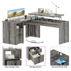 Bureau d'angle en L moderne style ferme avec plateau relevable, tiroirs pour dossiers et station de charge pour le bureau à domicile