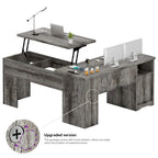 Bureau d'angle en L moderne style ferme avec plateau relevable, tiroirs pour dossiers et station de charge pour le bureau à domicile