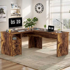 Bureau d'angle en L moderne style ferme avec plateau relevable, tiroirs pour dossiers et station de charge pour le bureau à domicile