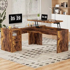 Bureau d'angle en L moderne style ferme avec plateau relevable, tiroirs pour dossiers et station de charge pour le bureau à domicile