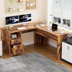 Bureau d'angle en L moderne style ferme avec plateau relevable, tiroirs pour dossiers et station de charge pour le bureau à domicile