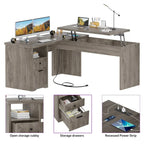Bureau d'angle en L moderne style ferme avec plateau relevable, tiroirs pour dossiers et station de charge pour le bureau à domicile