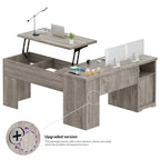Bureau d'angle en L moderne style ferme avec plateau relevable, tiroirs pour dossiers et station de charge pour le bureau à domicile