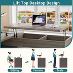Bureau d'angle en L moderne style ferme avec plateau relevable, tiroirs pour dossiers et station de charge pour le bureau à domicile