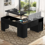Bureau d'angle en L moderne style ferme avec plateau relevable, tiroirs pour dossiers et station de charge pour le bureau à domicile