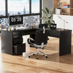 Bureau d'angle en L moderne style ferme avec plateau relevable, tiroirs pour dossiers et station de charge pour le bureau à domicile