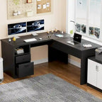 Bureau d'angle en L moderne style ferme avec plateau relevable, tiroirs pour dossiers et station de charge pour le bureau à domicile