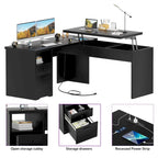 Bureau d'angle en L moderne style ferme avec plateau relevable, tiroirs pour dossiers et station de charge pour le bureau à domicile