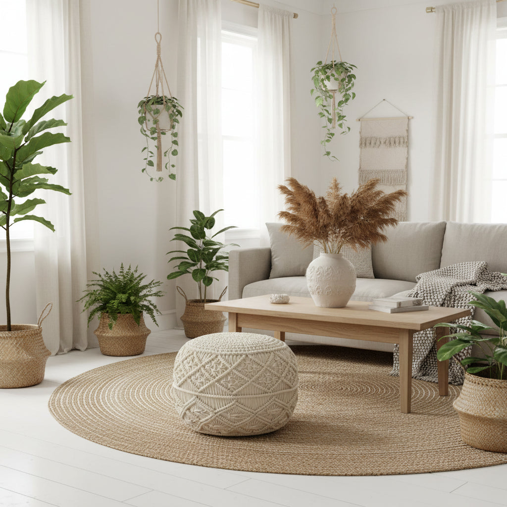 Pouf rond en macramé 18 couleurs crème unies, fait main en coton naturel