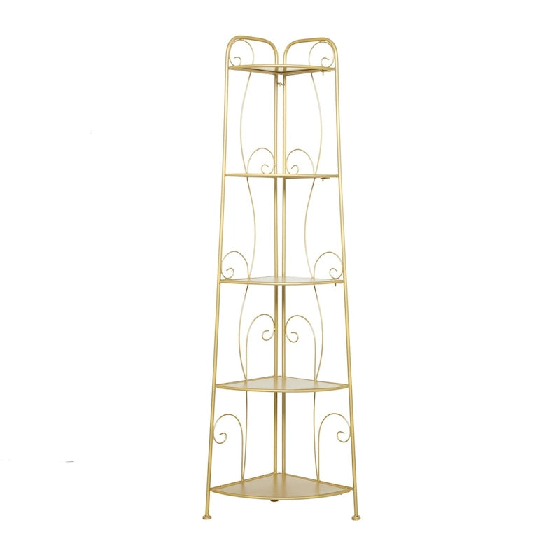 Tall, 5-Tier Metal Folding Shelf with Scrollwork Design — Indoor/Outdoor Use (Gold or White)
