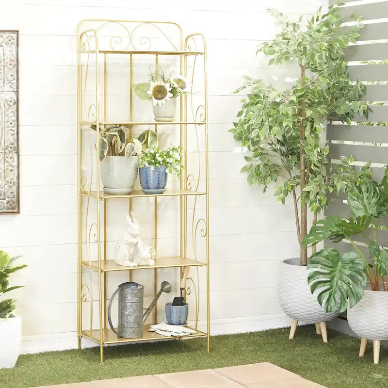 Tall, 5-Tier Metal Folding Shelf with Scrollwork Design — Indoor/Outdoor Use (Gold or White)