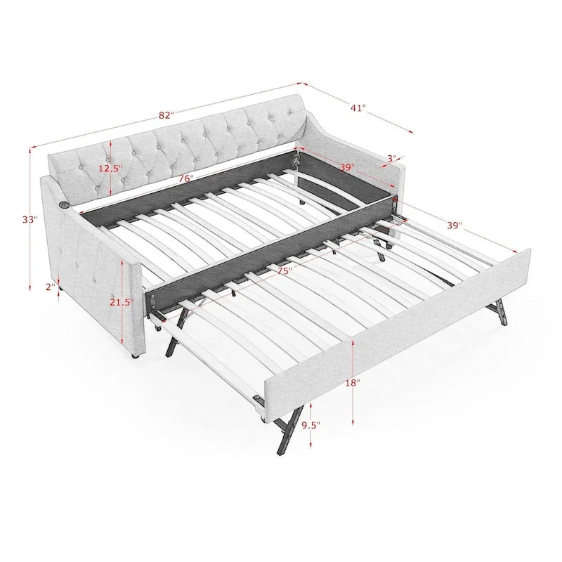 Twin Size Upholstery DayBed with Twin Size Erectable Trundle and USB Charging Design